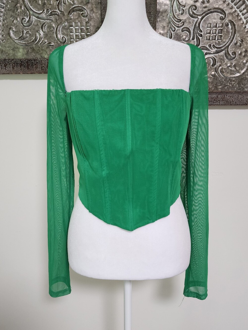 Princess Polly Kelly Green Square-Neck Mesh Sleeve Corset Party Top Med Clubbing